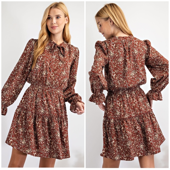 Gorgeous Boho Feminine Rust Floral Long Sleeves Flowy Dress - Picture 7 of 10